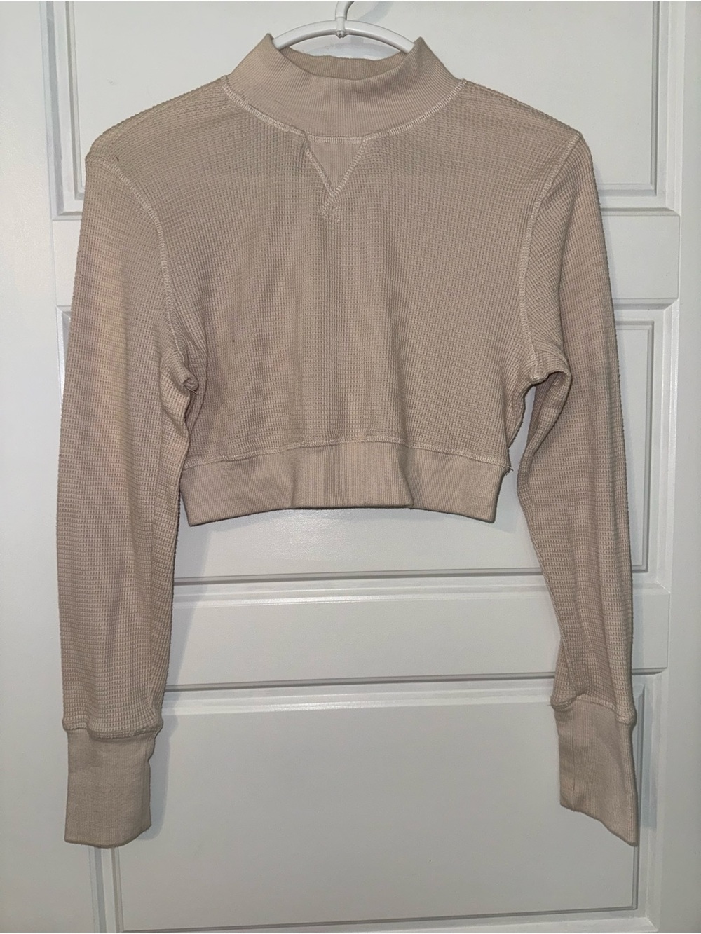 Mono B Cream Cropped Waffle Mock-Neck Sweater